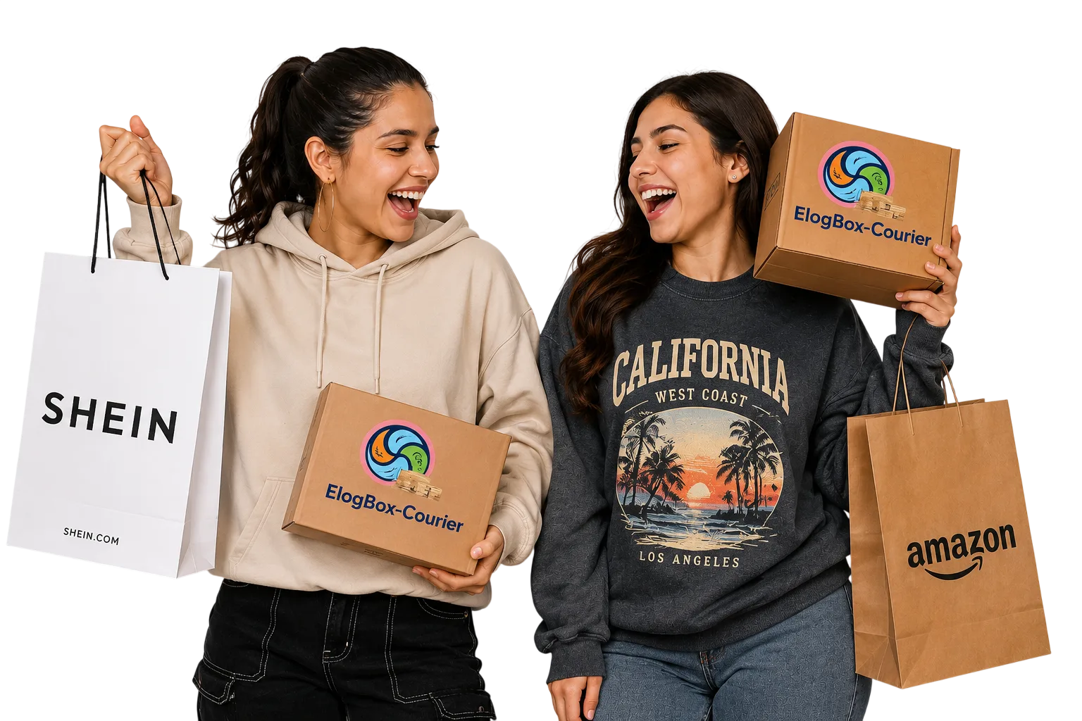 Clientes felices con compras y paquetes ElogBox