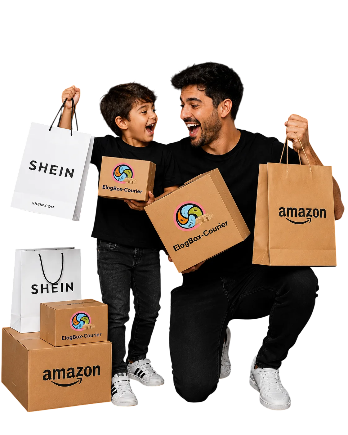 Padre e hijo recibiendo paquetes ElogBox